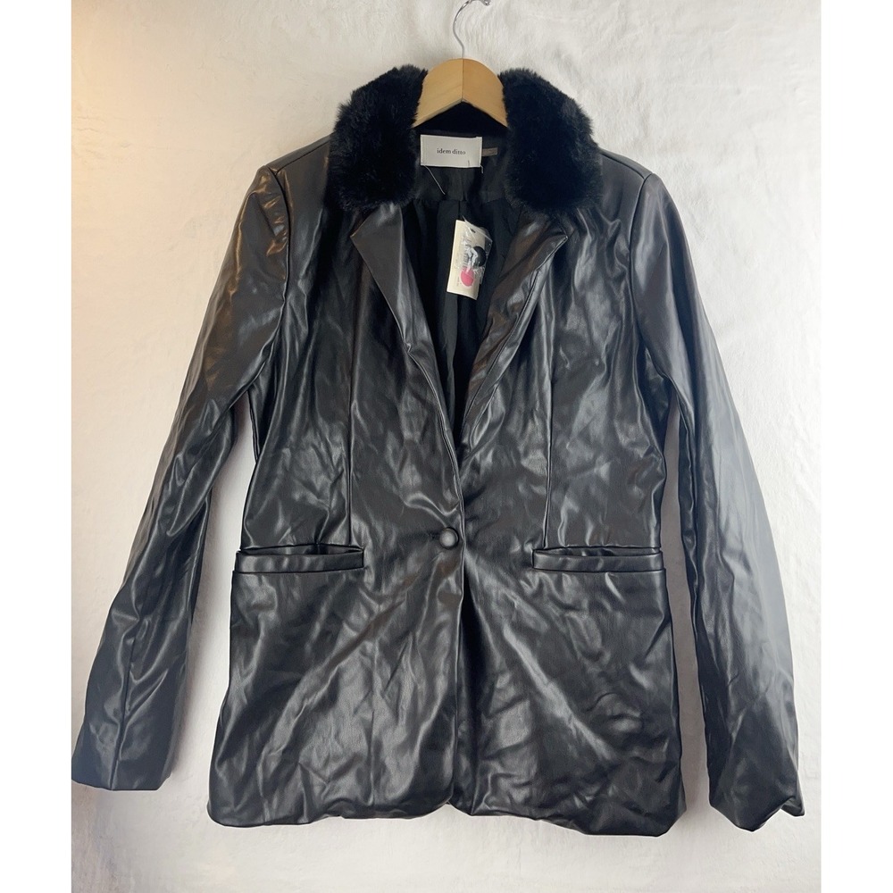 Idem Ditto Black Faux Leather Jacket Size Small NWT With Faux Fur